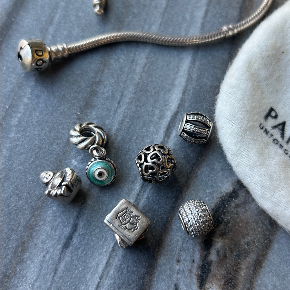 Pandora Bracelets Silver Tone Bangle Bracelet Set of 3 with original charms - Picture 3 of 8